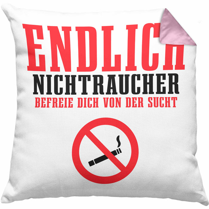 Endlich Nichttraucher Kissen mit Füllung 40x40 Geschenk Aufhören Zu Rauchen Befreie Dich Von Der Sucht (Grau) Rosa Trendation