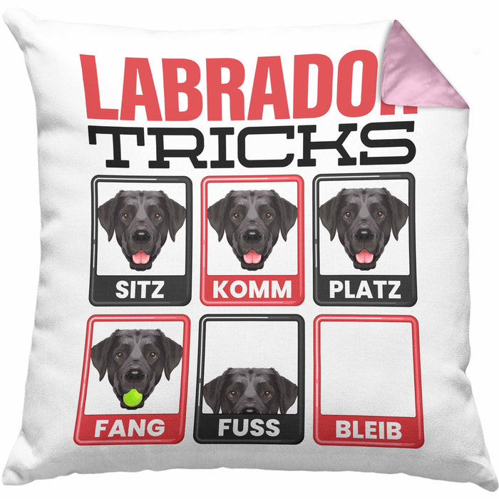 Labrador Besitzer Kissen mit Füllung 40x40 Geschenk Lustiger Spruch Geschenkidee Labrador Tricks Bleib (Grau) Rosa Trendation
