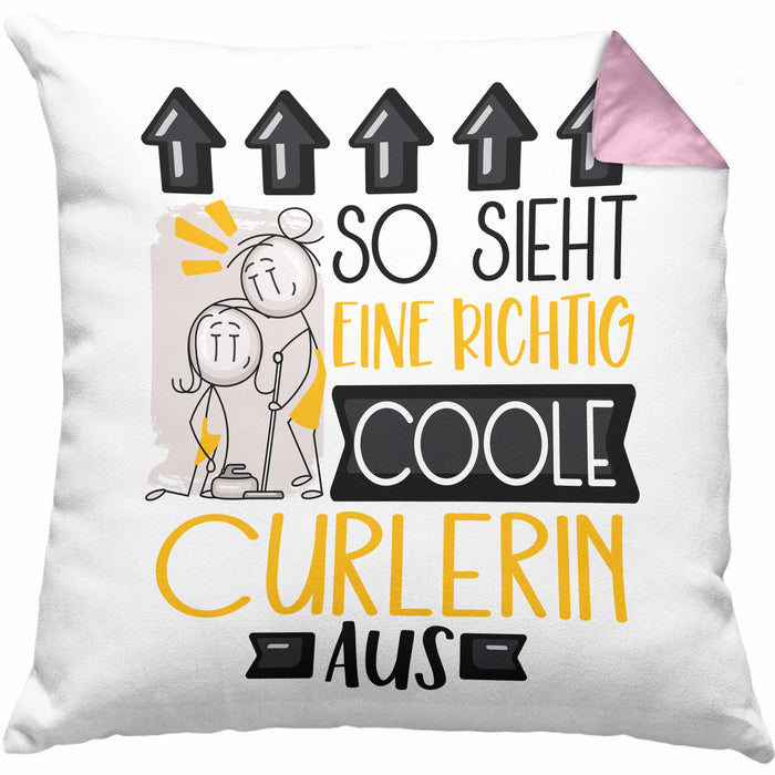Curlerin Geschenk Kissen mit Füllung 40x40 Geschenkidee für Curlerin Geburtstag Weihnachten Spruch So Sieht Eine Richtig Coole Curlerin Aus (Grau) Rosa Trendation