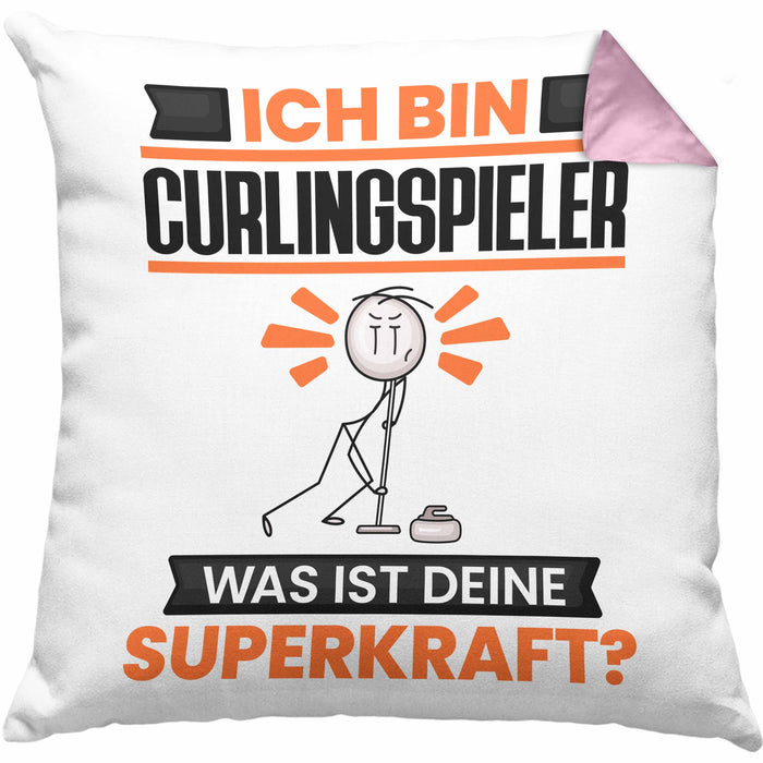 Curlingspieler Kissen mit Füllung 40x40 Geschenk für Curlingspieler Geburtstag Lustiger Spruch Was Ist Deine Superkraft (Grau) Rosa Trendation