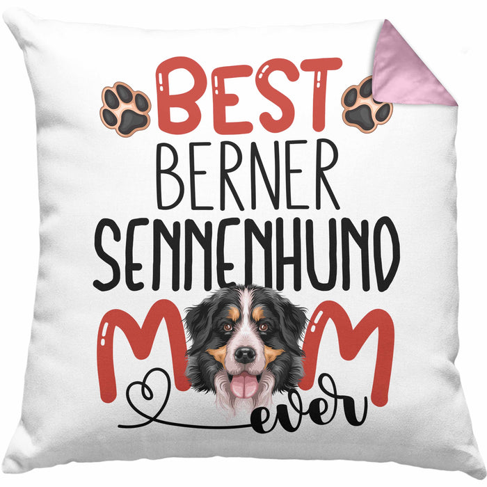 Berner Sennenhund Mom Besitzerin Kissen mit Füllung 40x40 Geschenk Lustiger Spruch Geschenkidee Besitzerin Berner Sennenhund Mama (Grau) Rosa Trendation