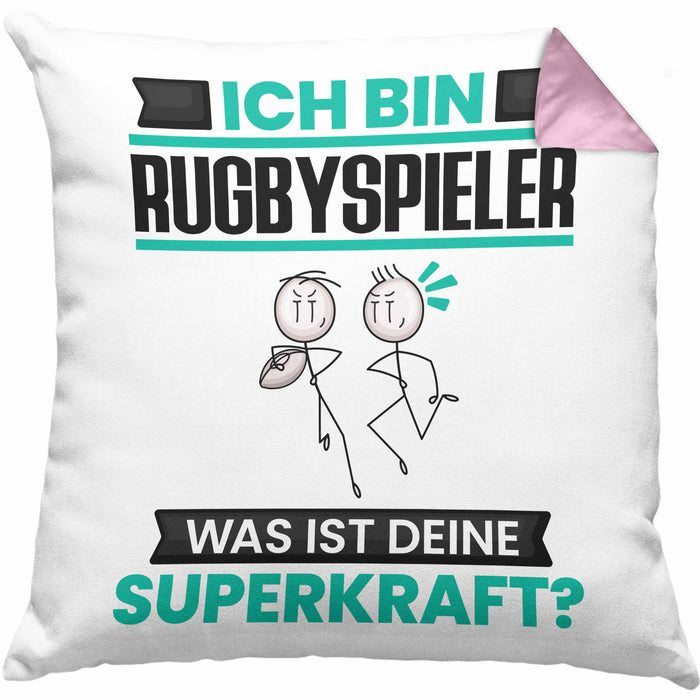 Rugbyspieler Kissen mit Füllung 40x40 Geschenk für Rugbyspieler Geburtstag Lustiger Spruch Was Ist Deine Superkraft (Grau) Rosa Trendation