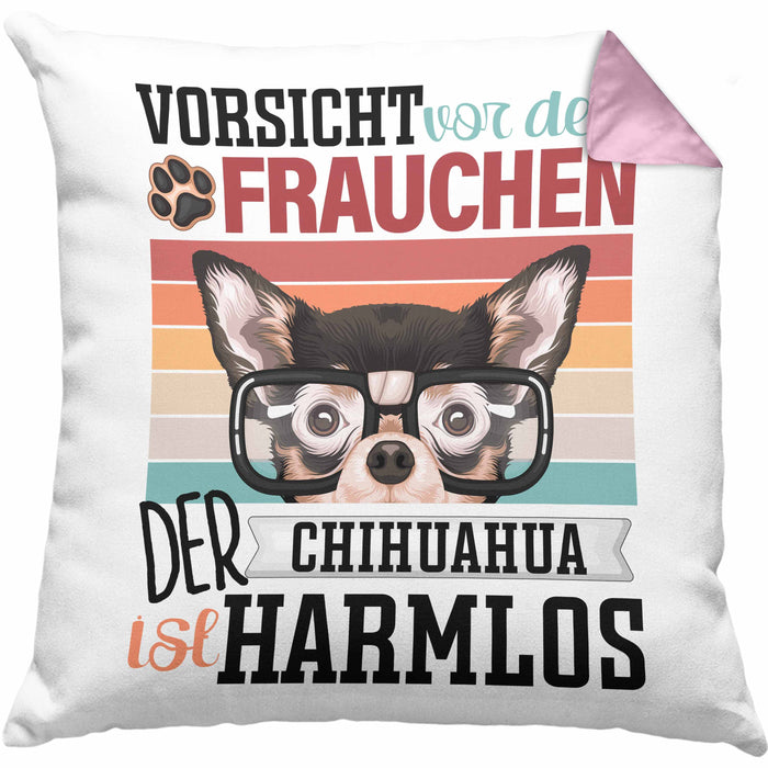 Chihuahua Besitzerin Frauchen Kissen mit Füllung 40x40 Geschenk Lustiger Spruch Geschenkidee Vorsicht Vor Dem Frauchen (Grau) Rosa Trendation