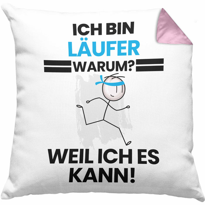 Läufer Geschenk Kissen mit Füllung 40x40 Lustiger Spruch Ich Bin Läufer Warum Weil Ich Es Kann Geschenkidee Bester Läufer Geburtstag (Grau) Rosa Trendation