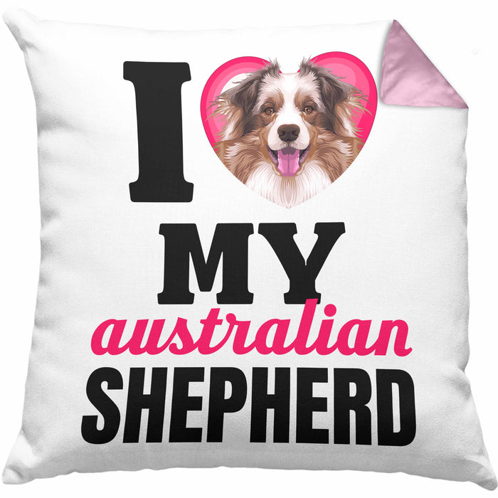 Australian Shepherd Besitzerin Kissen mit Füllung 40x40 Geschenk Lustiger Spruch Geschenkidee I Love My Australian Shepherd (Grau) Rosa Trendation