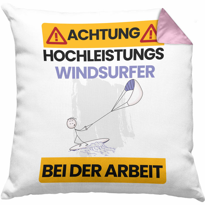 Windsurfer Kissen mit Füllung 40x40 Geschenk Lustiger Spruch Geschenkidee für Windsurfer Achtung Hochleistungs Windsurfer Bei Der Arbeit (Grau) Rosa Trendation