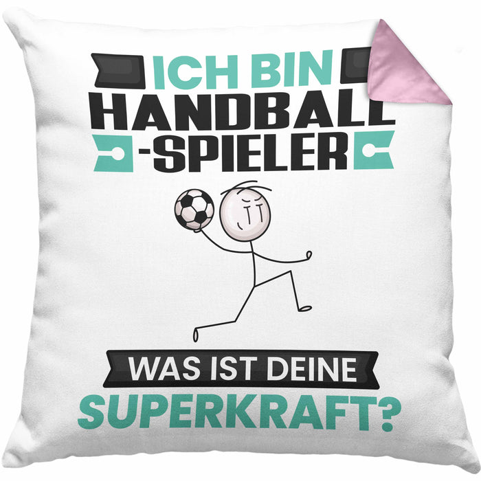Handballspieler Kissen mit Füllung 40x40 Geschenk für Handballspieler Geburtstag Lustiger Spruch Was Ist Deine Superkraft (Grau) Rosa Trendation