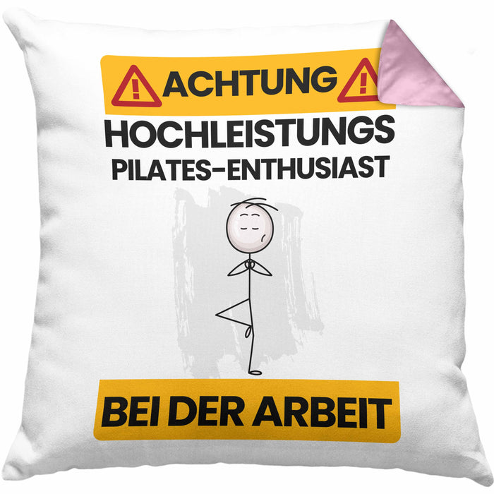 Pilates-Enthusiast Kissen mit Füllung 40x40 Geschenk Lustiger Spruch Geschenkidee für Pilates-Enthusiast Achtung Hochleistungs Pilates-Enthusiast Bei Der Arbeit (Grau) Rosa Trendation