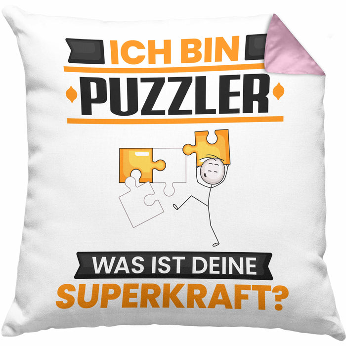 Puzzler Kissen mit Füllung 40x40 Geschenk für Puzzler Geburtstag Lustiger Spruch Was Ist Deine Superkraft (Grau) Rosa Trendation