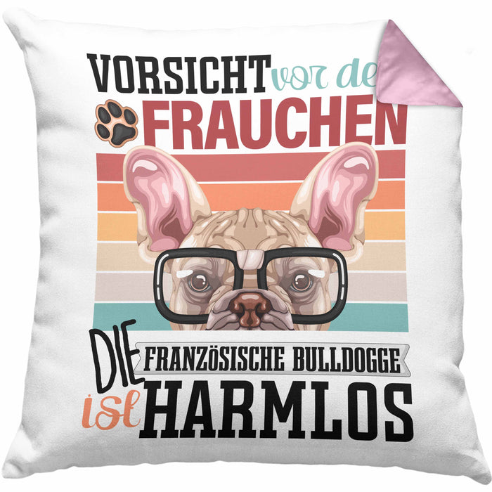 Französische Bulldogge Besitzerin Frauchen Kissen mit Füllung 40x40 Geschenk Lustiger Spruch Geschenkidee Vorsicht Vor Dem Frauchen (Grau) Rosa Trendation