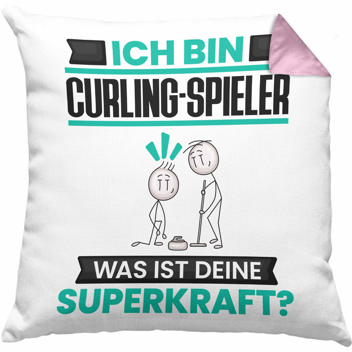 Curling-Spieler Kissen mit Füllung 40x40 Geschenk für Curling-Spieler Geburtstag Lustiger Spruch Was Ist Deine Superkraft (Grau) Rosa Trendation