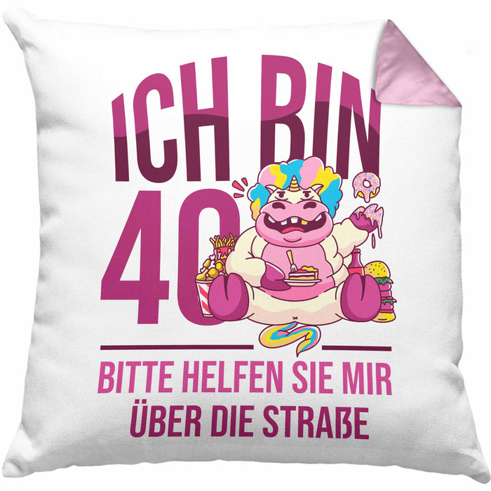 Lustige Kissen mit Füllung 40x40 zum 40. Geburtstag - Geschenkidee für Frauen Einhorn 40er Geburtstag (Grau) Rosa Trendation
