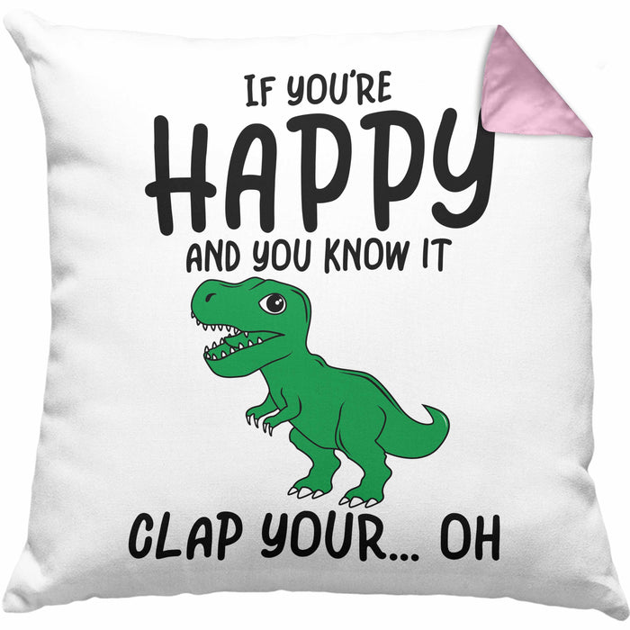 T-Rex Dino Kissen mit Füllung 40x40 Geschenk Wenn Du Glücklich Bist Und Du Es Weißt Klatsche Geschenkidee Dinosaurier Fans (Grau) Rosa Trendation