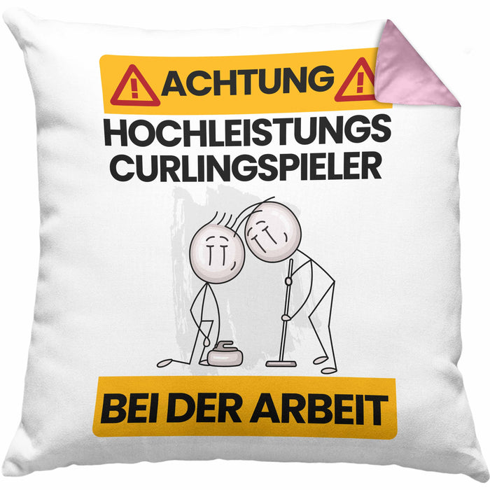 Curlingspieler Kissen mit Füllung 40x40 Geschenk Lustiger Spruch Geschenkidee für Curlingspieler Achtung Hochleistungs Curlingspieler Bei Der Arbeit (Grau) Rosa Trendation