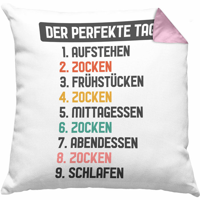 Zocker Gamer Kissen mit Füllung 40x40 mit Spruch Geschenk Junge Jungs Gaming Der Perfekte Tag (Grau) Rosa Trendation
