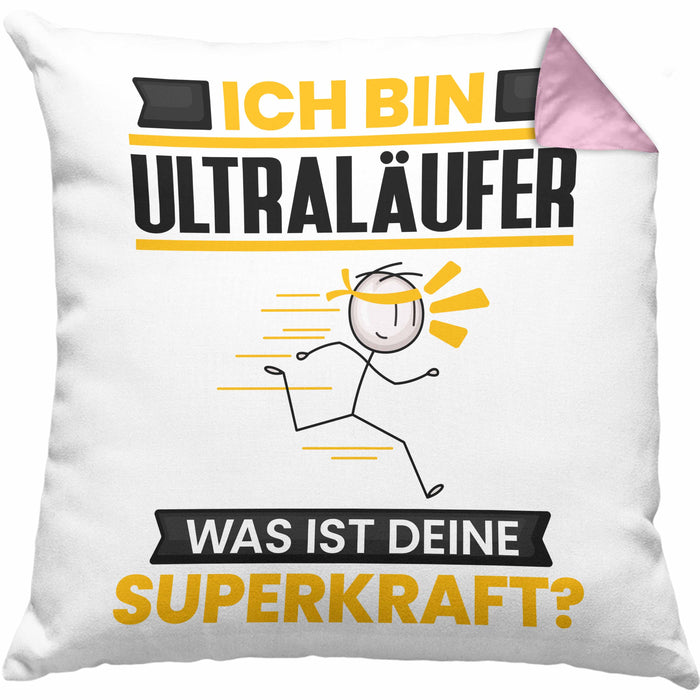 Ultraläufer Kissen mit Füllung 40x40 Geschenk für Ultraläufer Geburtstag Lustiger Spruch Was Ist Deine Superkraft (Grau) Rosa Trendation