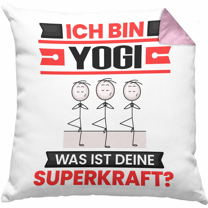 Yogi Kissen mit Füllung 40x40 Geschenk für Yogi Geburtstag Lustiger Spruch Was Ist Deine Superkraft (Grau) Rosa Trendation