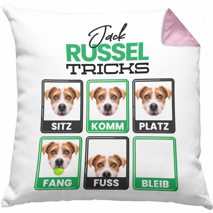Jack Russel Besitzer Kissen mit Füllung 40x40 Geschenk Lustiger Spruch Geschenkidee Jack Russel Tricks Bleib (Grau) Rosa Trendation