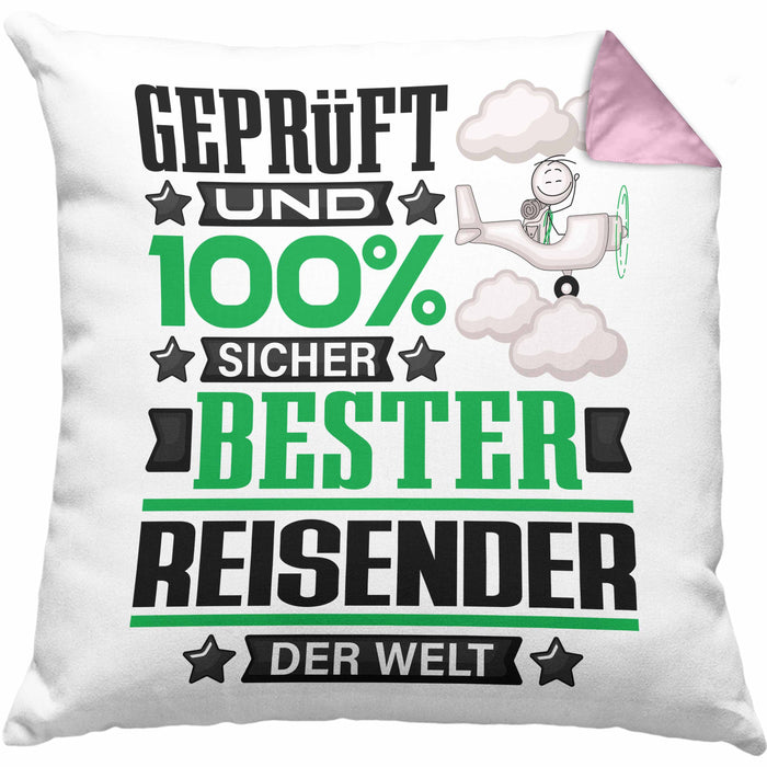 Reisender Geschenk Lustiger Spruch für Reisender Geschenkidee Bester Reisender Der WeltKissen mit Füllung 40x40 (Grau) Rosa Trendation