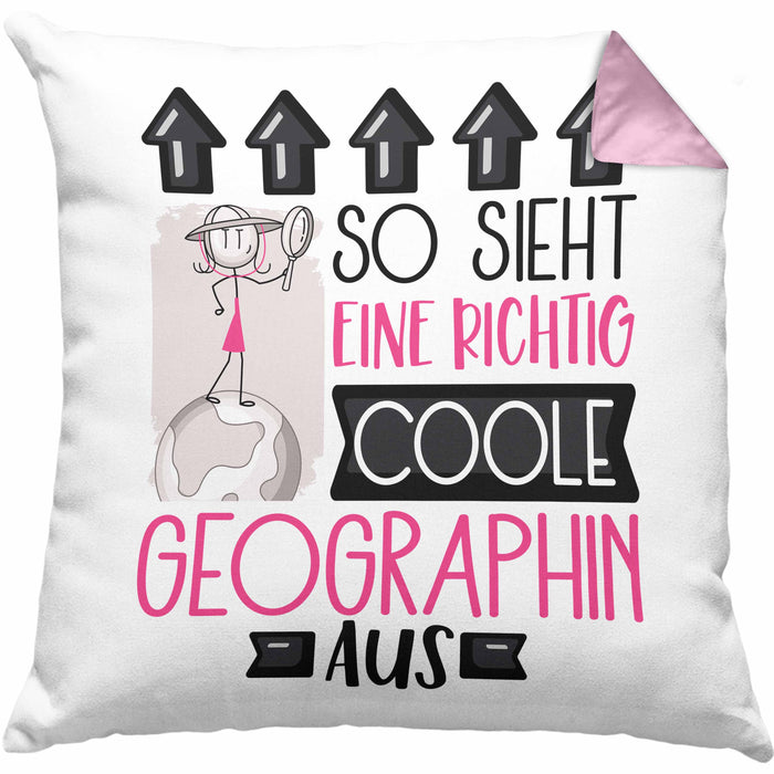 Geographin Geschenk Kissen mit Füllung 40x40 Geschenkidee für Geographin Geburtstag Weihnachten Spruch So Sieht Eine Richtig Coole Geographin Aus (Grau) Rosa Trendation