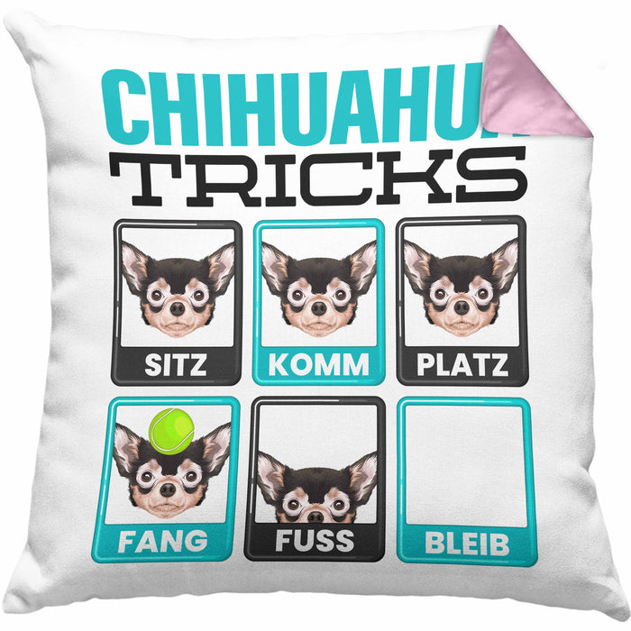 Chihuahua Besitzer Kissen mit Füllung 40x40 Geschenk Lustiger Spruch Geschenkidee Chihuahua Tricks Bleib (Grau) Rosa Trendation