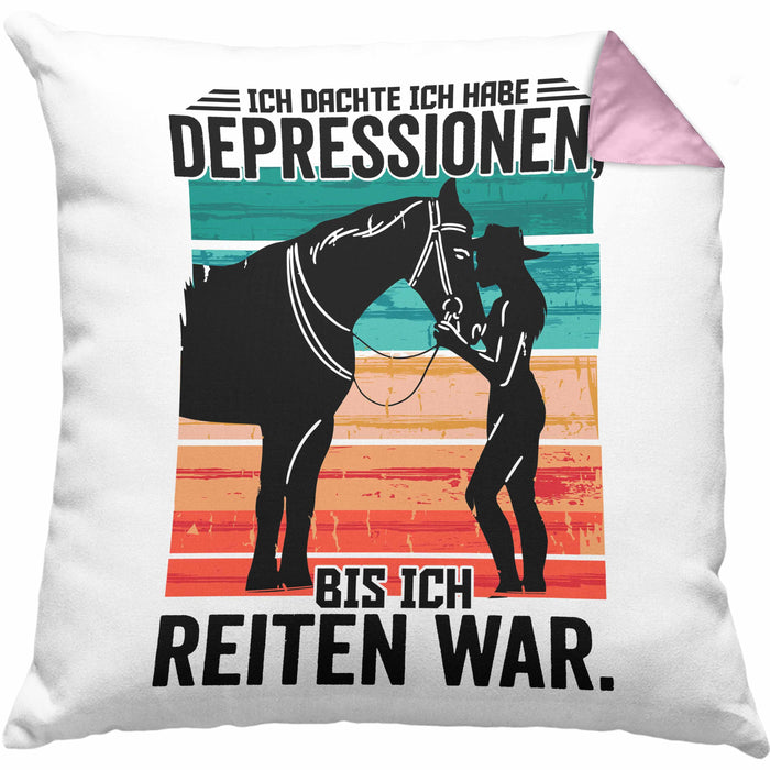 Reiterin Geschenk Kissen mit Füllung 40x40 Spruch Ich Dachte Ich Habe Depressionen Bis Ich Reiten War Geschenkidee (Grau) Rosa Trendation