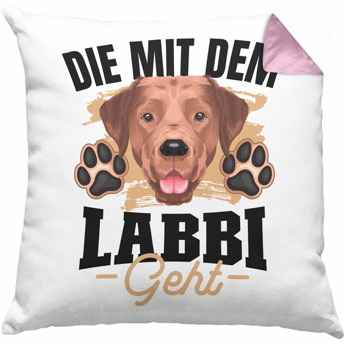 Die Mit Dem Labbi Geht Kissen mit Füllung 40x40 Gassi Gehen Labrador Besitzerin Geschenkidee Frauchen Geschenk (Grau) Rosa Trendation