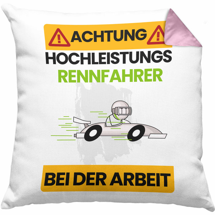 Rennfahrer Kissen mit Füllung 40x40 Geschenk Lustiger Spruch Geschenkidee für Rennfahrer Achtung Hochleistungs Rennfahrer Bei Der Arbeit (Grau) Rosa Trendation