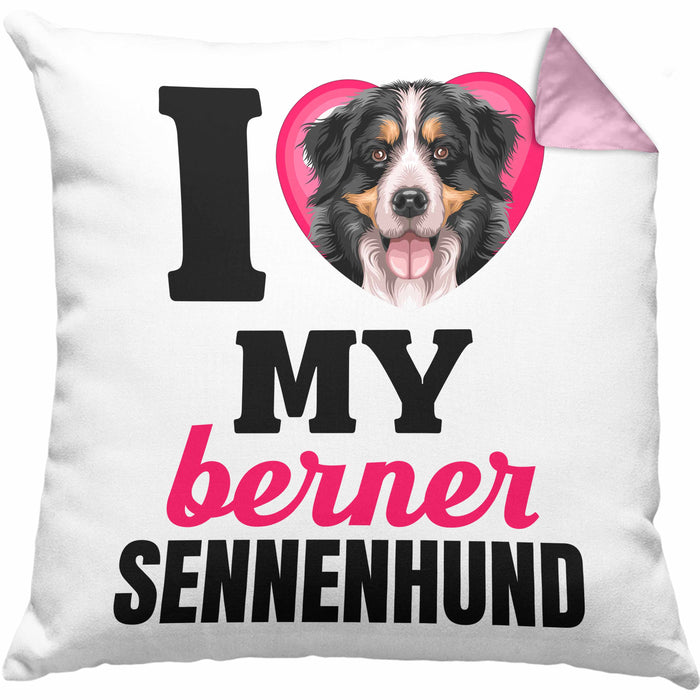 Berner Sennen Besitzerin Kissen mit Füllung 40x40 Geschenk Lustiger Spruch Geschenkidee I Love My Berner Sennen (Grau) Rosa Trendation
