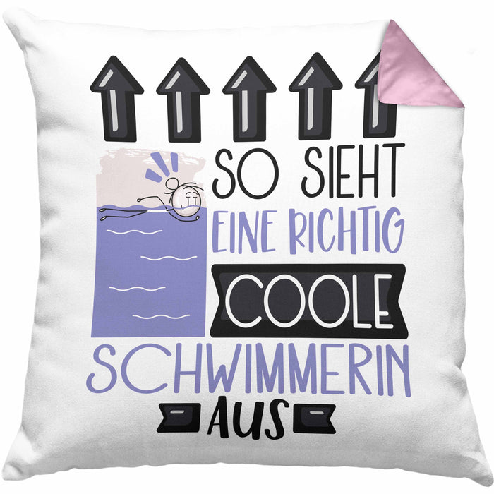 Schwimmerin Geschenk Kissen mit Füllung 40x40 Lustig Geschenkidee für Schwimmerin Geburtstag So Sieht Eine Richtig Coole Schwimmerin Aus Frauen Spruch (Grau) Rosa Trendation