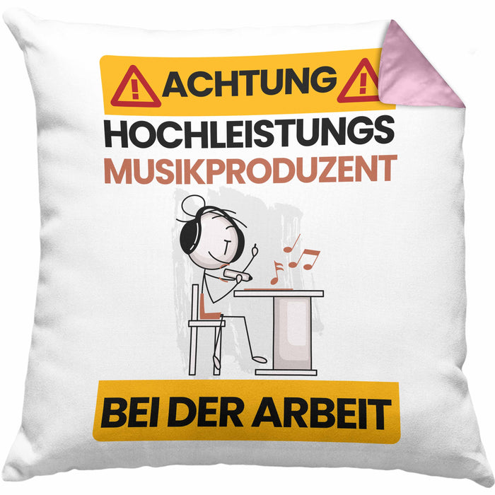 Musikproduzent Kissen mit Füllung 40x40 Geschenk Lustiger Spruch Geschenkidee für Musikproduzent Achtung Hochleistungs Musikproduzent Bei Der Arbeit (Grau) Rosa Trendation