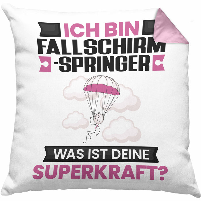 Fallschirmspringer Kissen mit Füllung 40x40 Geschenk für Fallschirmspringer Geburtstag Lustiger Spruch Was Ist Deine Superkraft (Grau) Rosa Trendation