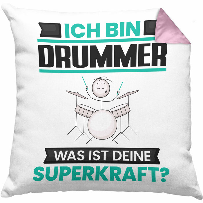 Drummer Kissen mit Füllung 40x40 Geschenk für Drummer Geburtstag Lustiger Spruch Was Ist Deine Superkraft (Grau) Rosa Trendation