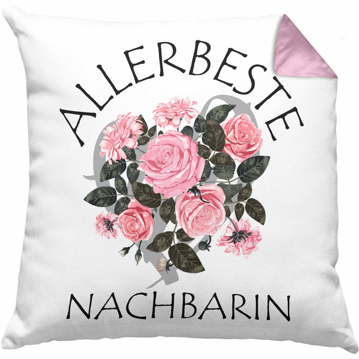 Beste Nachbarin Kissen mit Füllung 40x40 Geschenk Geburtstag Freundin Lieblings Nachbarin Geschenkidee (Grau) Rosa Trendation