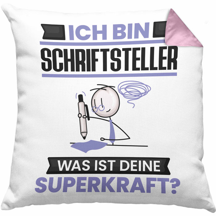 Schriftsteller Kissen mit Füllung 40x40 Geschenk für Schriftsteller Geburtstag Lustiger Spruch Was Ist Deine Superkraft (Grau) Rosa Trendation