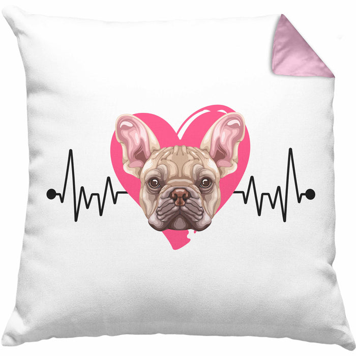 Französische Bulldogge Besitzer Kissen mit Füllung 40x40 Geschenk Lustiger Spruch Geschenkidee Herzschlag Französische Bulldogge (Grau) Rosa Trendation