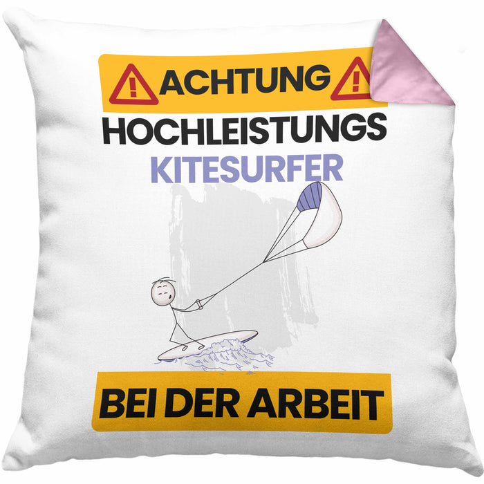 Kitesurfer Kissen mit Füllung 40x40 Geschenk Lustiger Spruch Geschenkidee für Kitesurfer Achtung Hochleistungs Kitesurfer Bei Der Arbeit (Grau) Rosa Trendation