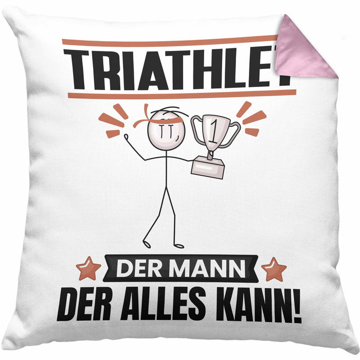Triathlet Kissen mit Füllung 40x40 Geschenk für Triathlet Der Mann Der Alles Kann Geschenkidee zum Geburtstag (Grau) Rosa Trendation
