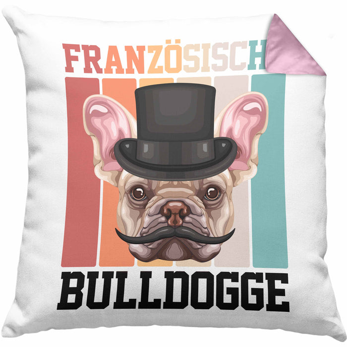 Französische Bulldogge Besitzer Kissen mit Füllung 40x40 Geschenk Lustiger Spruch Geschenkidee Retro Vinatge Französische Bulldogge (Grau) Rosa Trendation
