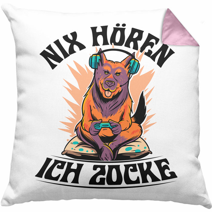 Zocker Geschenk Kissen mit Füllung 40x40 Nix Hören ich Zocke Jungs Jungen Geschenkidee zum Zocken (Grau) Rosa Trendation