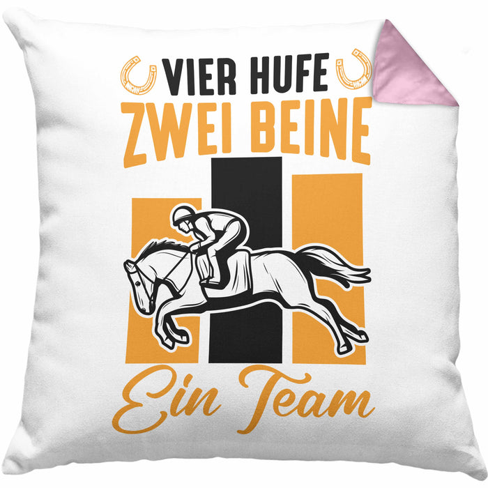 Reiterin Pferd Kissen mit Füllung 40x40 Geschenk Team Vier Hufe Zwei Beine Ein Team Pferde-Liebhaberin Geschenk (Grau) Rosa Trendation