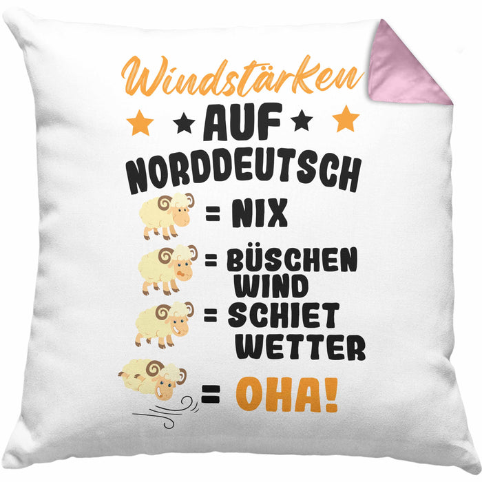 Windstärken Auf Norddeutsch Kissen mit Füllung 40x40 Geschenk Norddeutschland Spruch Büschen Wind Schiet Wetter (Grau) Rosa Trendation