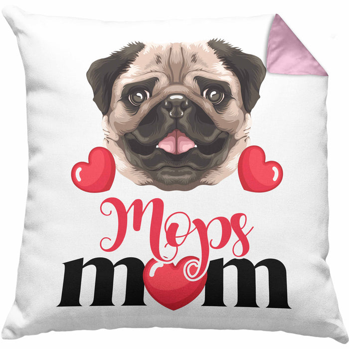 Mops Besitzer Mom Mama Kissen mit Füllung 40x40 Geschenk Lustiger Spruch Geschenkidee Mops Besitzerin (Grau) Rosa Trendation