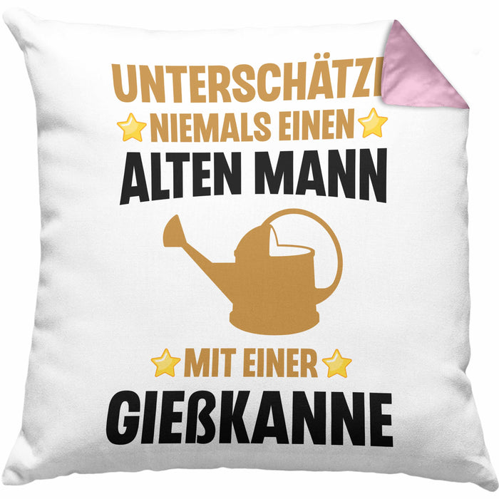 Alter Mann Gärtner Kissen mit Füllung 40x40 mit Spruch Garten Hobbygärtner Geschenk Lustig (Grau) Rosa Trendation