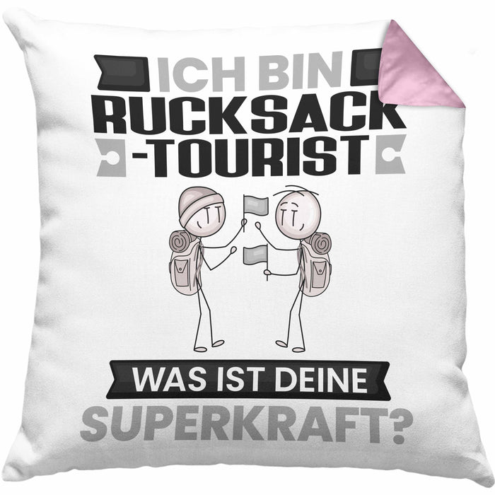 Rucksacktourist Kissen mit Füllung 40x40 Geschenk für Rucksacktourist Geburtstag Lustiger Spruch Was Ist Deine Superkraft (Grau) Rosa Trendation