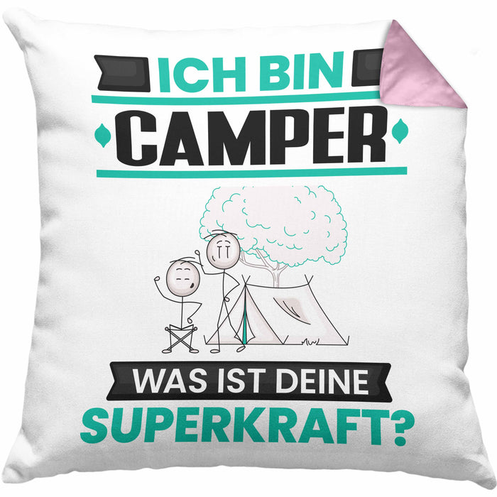 Camper Kissen mit Füllung 40x40 Geschenk für Camper Geburtstag Lustiger Spruch Was Ist Deine Superkraft (Grau) Rosa Trendation