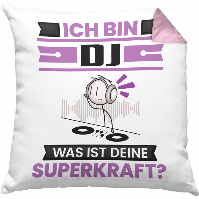 DJ Kissen mit Füllung 40x40 Geschenk für DJ Geburtstag Lustiger Spruch Was Ist Deine Superkraft (Grau) Rosa Trendation