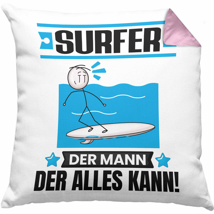 Surfer Kissen mit Füllung 40x40 Geschenk für Surfer Der Mann Der Alles Kann Geschenkidee zum Geburtstag (Grau) Rosa Trendation