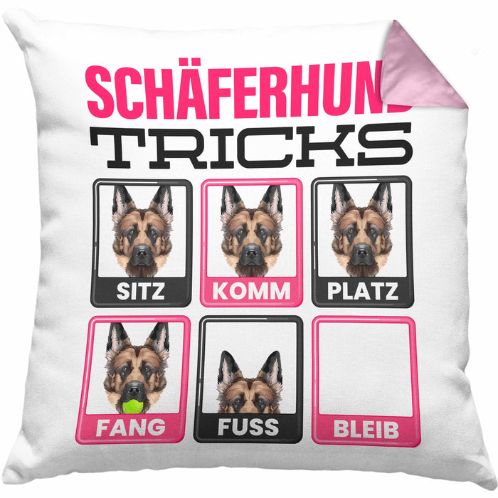 Schäferhund Besitzer Kissen mit Füllung 40x40 Geschenk Lustiger Spruch Geschenkidee Schäferhund Tricks Bleib (Grau) Rosa Trendation