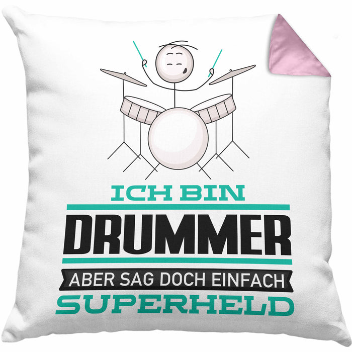 Drummer Geschenk Kissen mit Füllung 40x40 Ich Bin Drummer Aber Sag Doch Einfach Superheld Lustige Geschenkdiee für Drummer (Grau) Rosa Trendation